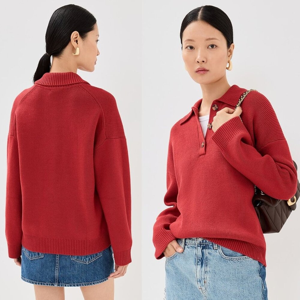 Reformation Brooklyn Sweater Sundried Tomato Red Cotton Polo Henley‎ Size L NWT - Picture 11 of 11